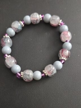 Handmade Purple Gray Beaded Stretch Bracelet - Women Jewelry